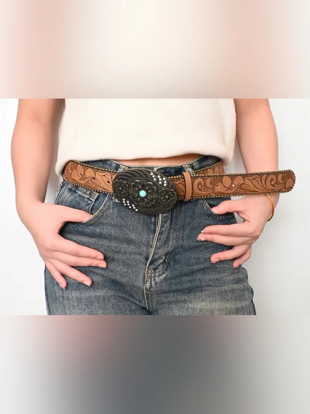 Western Floral Tooled Brown PU Leather Belt with Turquoise Accent